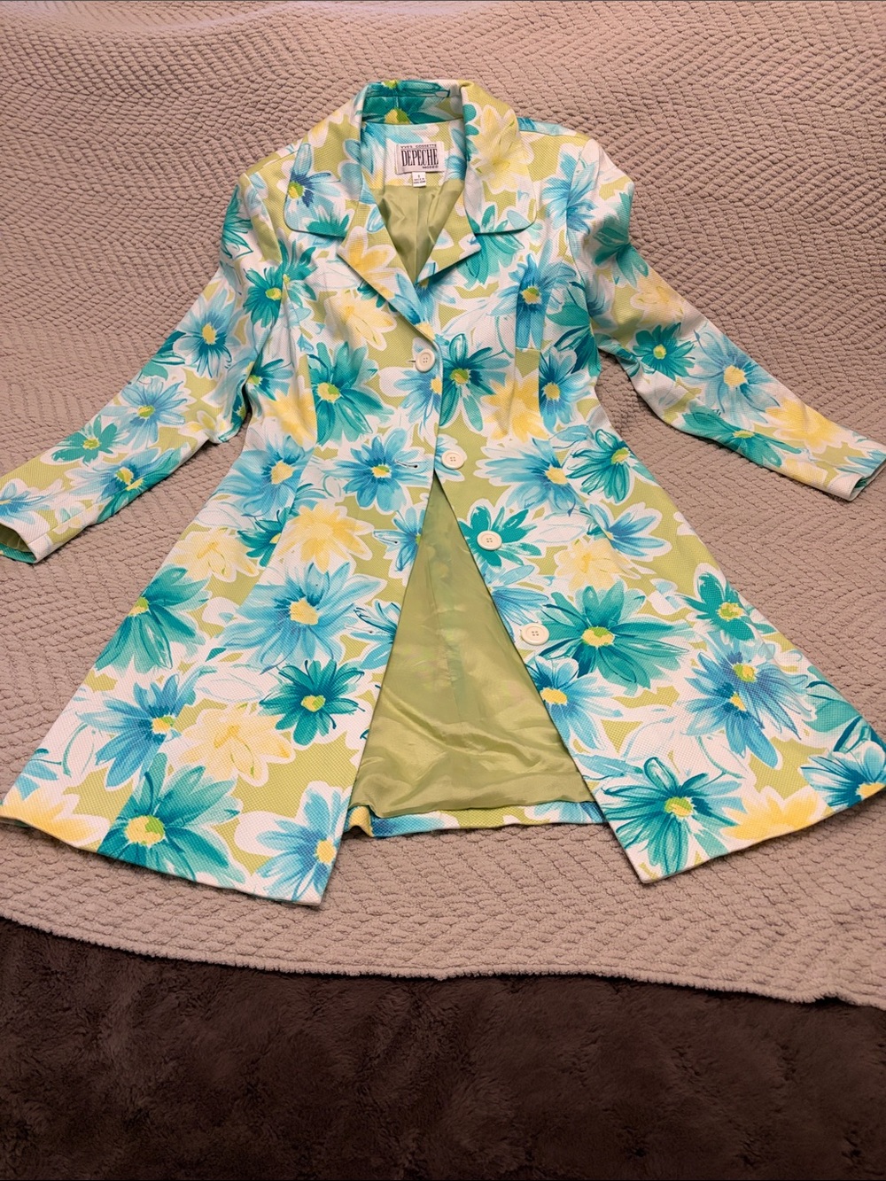 VTG Yves Cossette Depeche Mode Floral Trench Coat Spring Jacket Lime Lined SZ 8